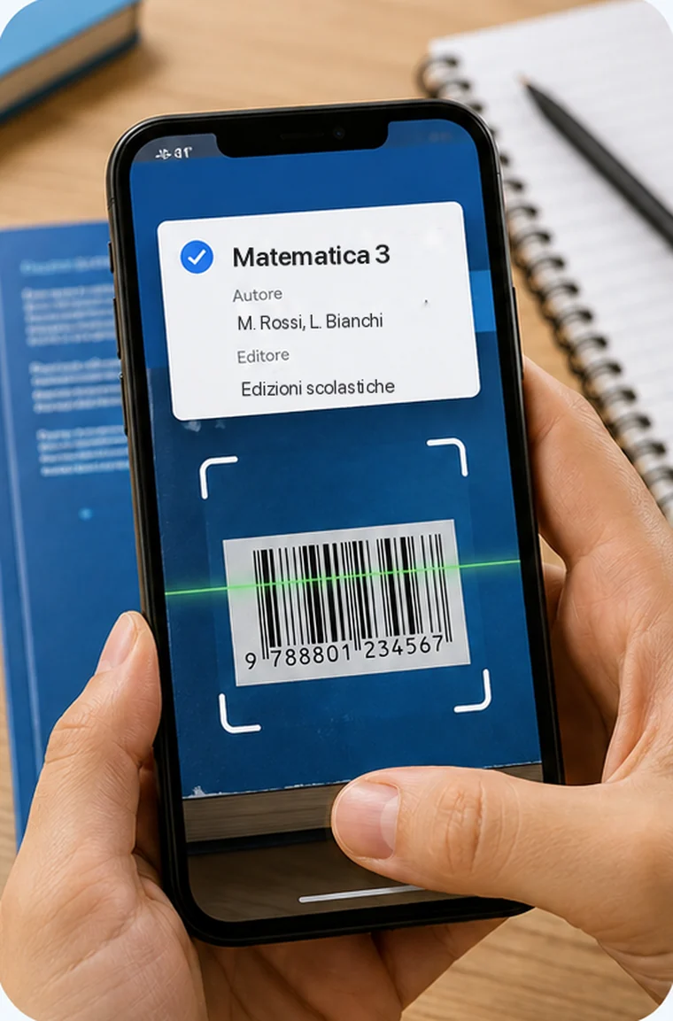 Un telefono inquadra il codice a barre sul retro di un libro e mostra già titolo, autori ed editore (immagine creata con l'intelligenza artificiale)