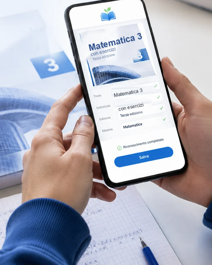 Uno studente inquadra la copertina di un libro di matematica e l'app compila da sola titolo, sottotitolo ed edizione (immagine creata con l'intelligenza artificiale)