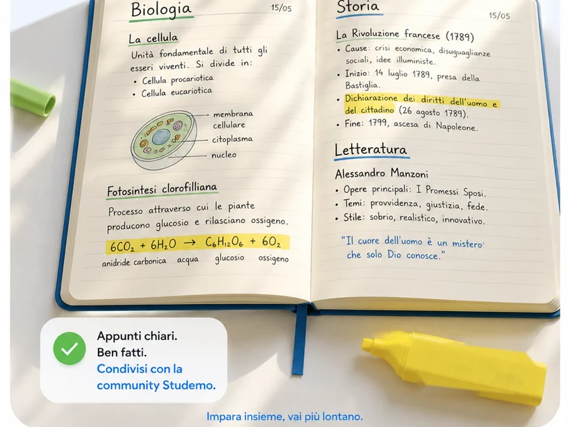 Un quaderno aperto con appunti di biologia e storia scritti a mano (immagine creata con l'intelligenza artificiale)
