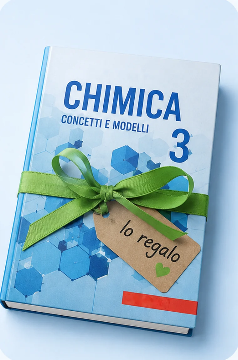 Un libro di chimica con un nastro verde e un cartellino scritto a mano: lo regalo (immagine creata con l'intelligenza artificiale)
