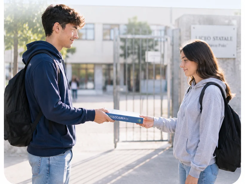 Due studenti si passano un libro davanti al cancello del liceo (immagine creata con l'intelligenza artificiale)