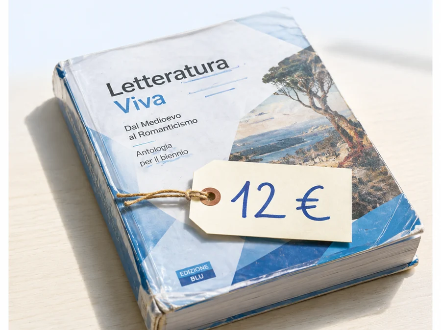 Un libro di letteratura con un cartellino scritto a mano da 12 euro (immagine creata con l'intelligenza artificiale)