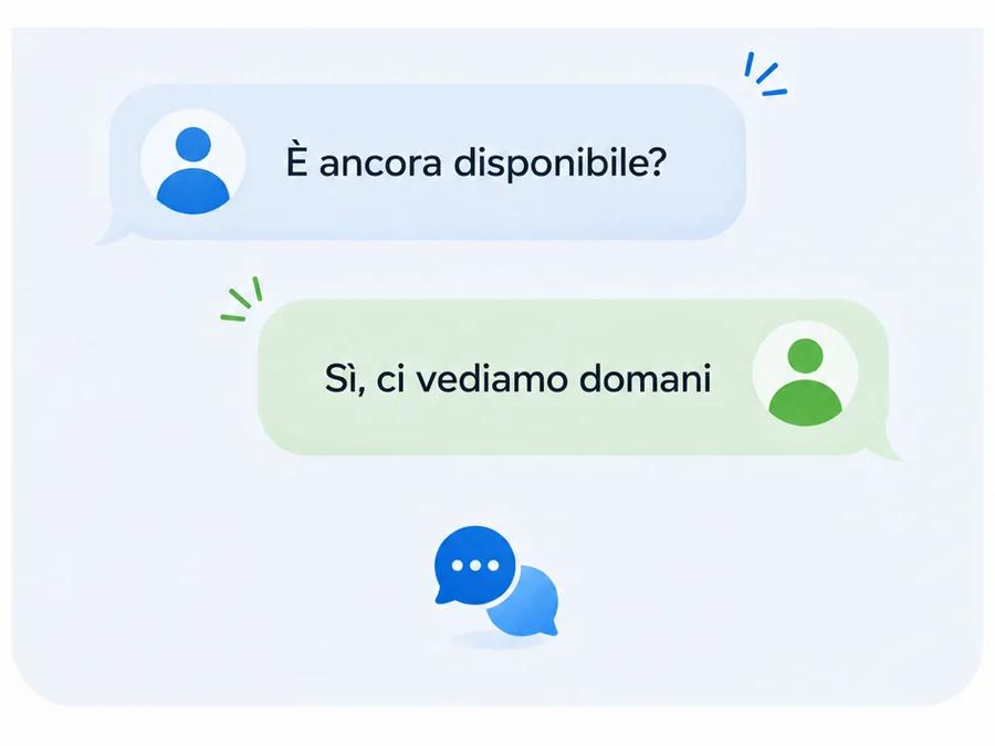 Due messaggi in chat: «È ancora disponibile?» e «Sì, ci vediamo domani» (immagine creata con l'intelligenza artificiale)