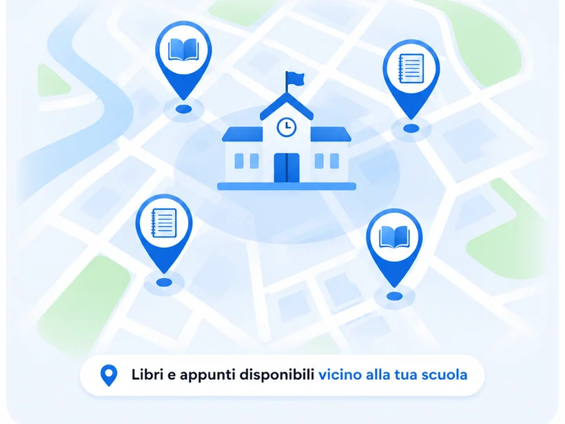 Una mappa con la scuola al centro e attorno i libri e gli appunti disponibili (immagine creata con l'intelligenza artificiale)